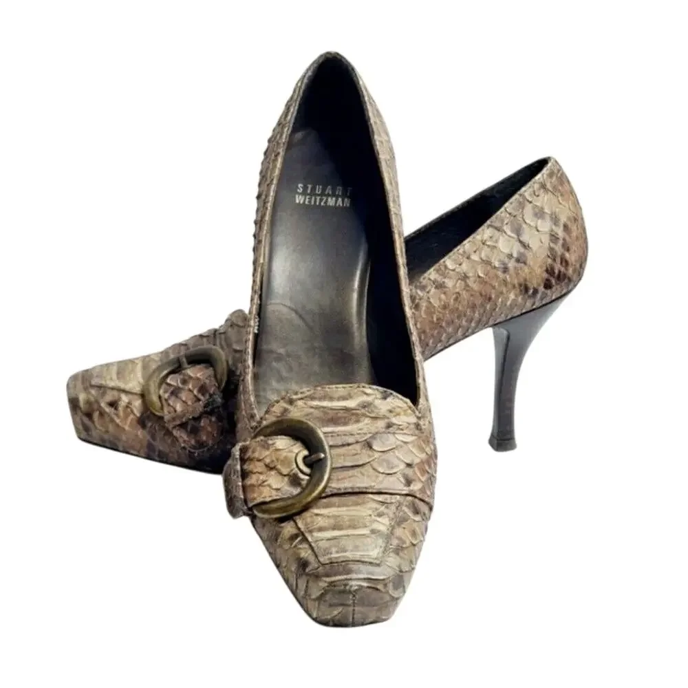Stuart Weitzman Brown Size 8 1/2‎ Snake Skin Square Toe Pumps Women's Shoes